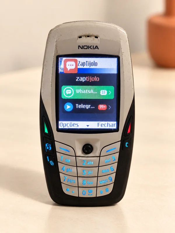 Nokia 6600 com WhatsApp e Telegram no menu do ZapTijolo