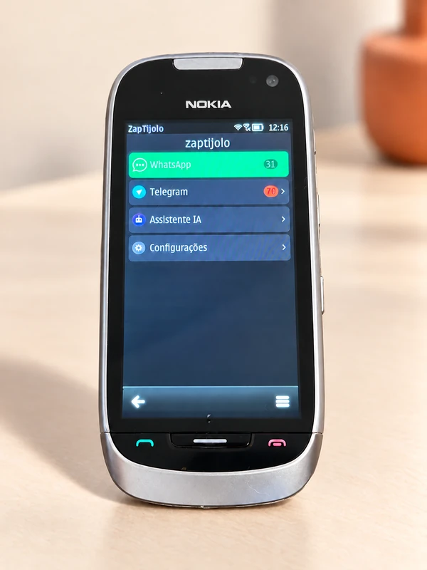 Nokia 701 com tela de toque mostrando WhatsApp, Telegram e Assistente IA no ZapTijolo