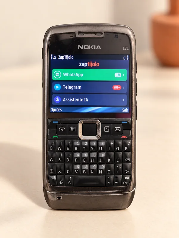 Nokia E71 mostrando o menu do ZapTijolo no teclado QWERTY